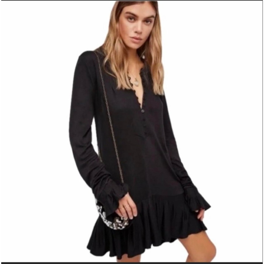 Free People Black Ribbed Knit Henley Ruffle Mini Dress Tunic Size S Oversized